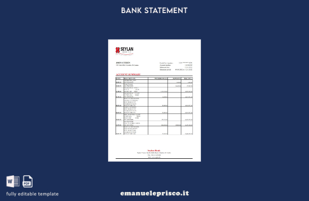 modello Excel di estratto conto bancario Sri Lanka Seylan in stile verificato